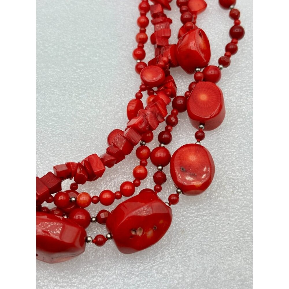 Vtg. Red Coral Necklace-925 Clasp 5 Strand Multi Shape and Size - Picture 4 of 6